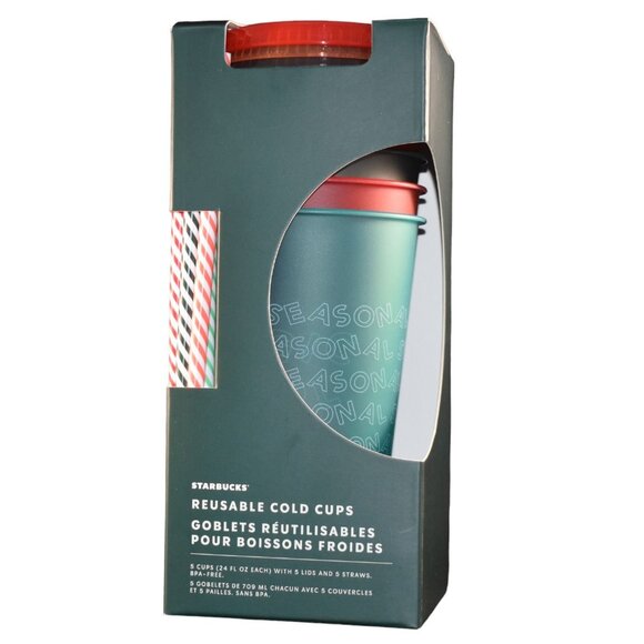 2019 Starbucks Holiday Cold Cups Reusable Set of 5 w/ Straws &amp; Lids IOB - Picture 1 of 5